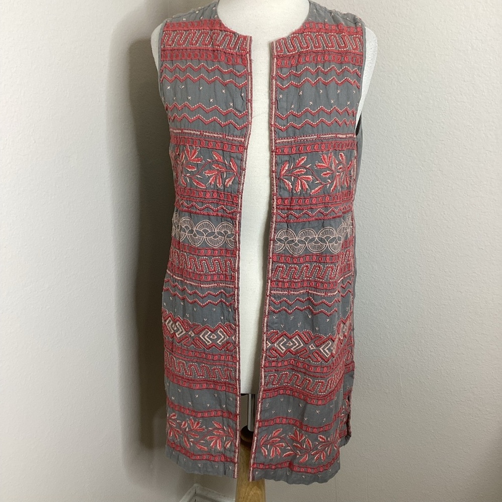 Johnny Was Grey Linen Long Dahlia Vest Melon Embroidery S